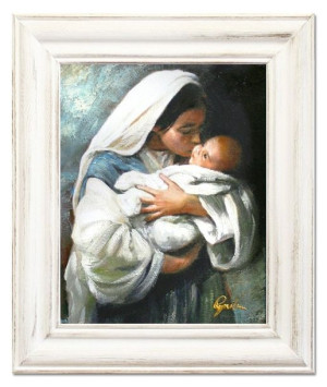 Obraz olejny ręcznie malowany z Matką Boską z dzieciątkiem 27x32 cm obraz w