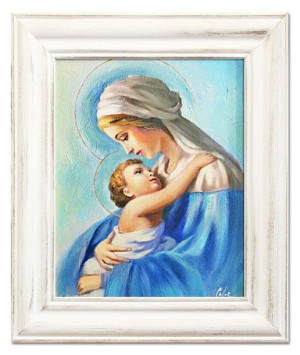 Obraz olejny ręcznie malowany z Matką Boską z dzieciątkiem 27x32 cm obraz w