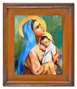 Obraz olejny ręcznie malowany z Matką Boską z dzieciątkiem 27x32 cm obraz w