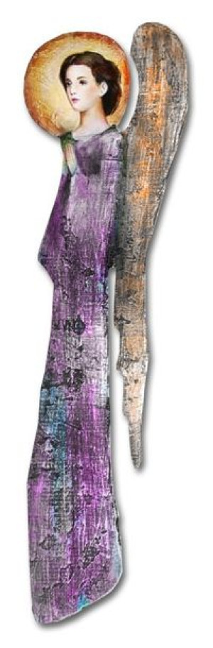 Anioł malowany drewniany 73x20cm fioletowy