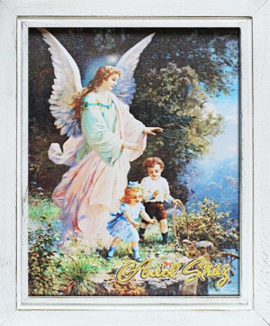 Obraz z Aniołem Stróżem 27x32 cm obraz olejny na płótnie w ramie pamiątka k