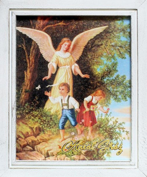Obraz z Aniołem Stróżem 27x32 cm obraz olejny na płótnie w ramie pamiątka k