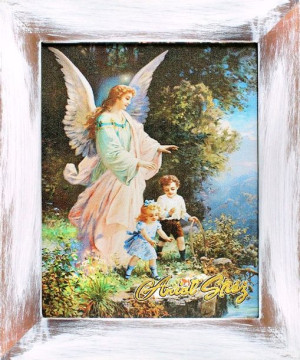 Obraz z Aniołem Stróżem 27x32 cm obraz olejny na płótnie w ramie