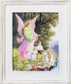Obraz z Aniołem Stróżem 27x32 cm obraz olejny na płótnie w białej ramie