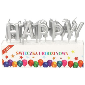 Świeczka Urodzinowa Happy Birthday Srebrna