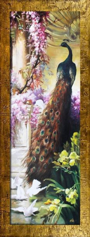 Obraz olejny ręcznie malowany 68x168cm Paw wśród kwiatów