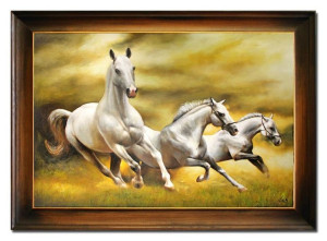 Obraz olejny ręcznie malowany 75x105cm Białe konie w galopie
