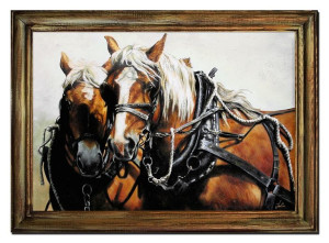 Obraz olejny ręcznie malowany 75x105cm Konie w uprzężach