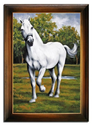 Obraz olejny ręcznie malowany 75x105cm Koń na łące