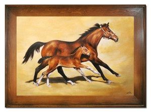 Obraz olejny ręcznie malowany 82x112cm Spacer koni