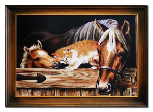 Obraz olejny ręcznie malowany 76x106cm Klacz ze źrebięciem