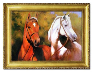 Obraz olejny ręcznie malowany 63x84cm Konie na tle drzew