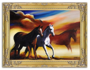 Obraz olejny ręcznie malowany 63x83cm Konie wśród mgły