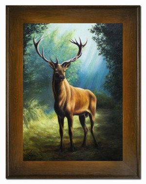 Obraz olejny ręcznie malowany 72x92cm Renifer w lesie