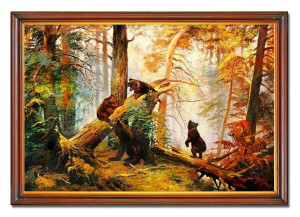 Krajobraz leśne niedźwiadki ręcznie malowany na płótnie 75x105cm