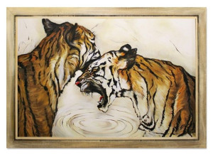 Obraz olejny ręcznie malowany 75x105cm Para tygrysów