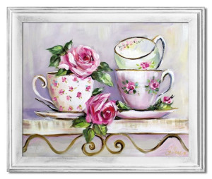 Obraz olejny ręcznie malowany na płótnie 54x64cm kolorowe filiżanki