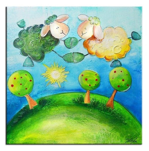 Obraz ręcznie malowany na płótnie 60x60cm baranki na niebie