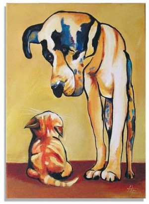 Obraz ręcznie malowany na płótnie 50x70cm piesek i kotek