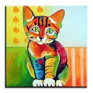 Obraz ręcznie malowany na płótnie 60x60cm kolorowy Kotek