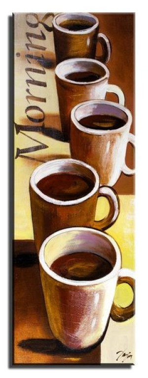 Obraz olejny ręcznie malowany na płótnie 25x70cm kubki z kawą