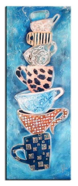 Obraz olejny ręcznie malowany na płótnie 25x70cm kolorowe filiżanki