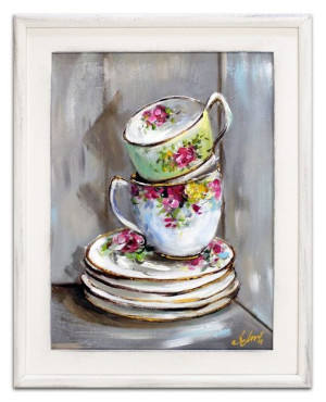 Obraz olejny ręcznie malowany na płótnie 37x47cm filiżanki w kwiatki