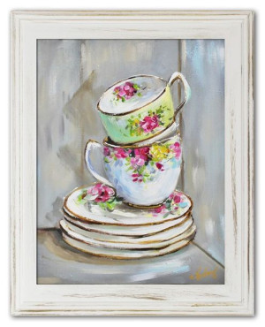 Obraz olejny ręcznie malowany na płótnie 37x47cm filiżanki w kwiatki