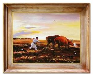 Obraz olejny ręcznie malowany na płótnie 47x37cm Józef Chełmoński Orka kopi