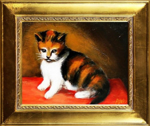 Obraz olejny ręcznie malowany 27x32cm mały Kotek