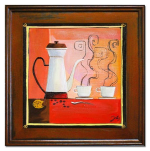Obraz olejny ręcznie malowany na płótnie 40x40cm poczęstunek kawą