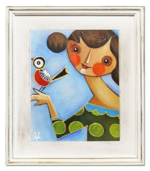 Obraz ręcznie malowany na płótnie 35x40cm Pani z ptaszkiem