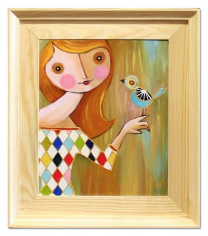 Obraz ręcznie malowany na płótnie 35x40cm Pani z ptaszkiem