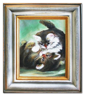 Obraz olejny ręcznie malowany 27x32cm Kotki