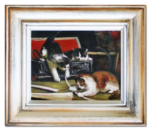Obraz olejny ręcznie malowany 27x32cm Kotki podczas zabawy