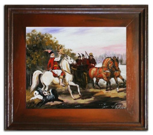 Obraz olejny ręcznie malowany na płótnie 27x32cm Juliusz Kossak wyjazd na p