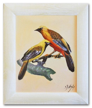 Obraz olejny ręcznie malowany 27x32cm ptaszki na gałęzi