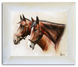Obraz olejny ręcznie malowany 27x32cm Konie