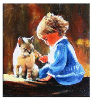 Obraz ręcznie malowany na płótnie 30x30cm dziewczynka z kotkiem