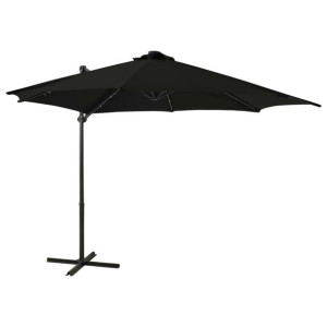 Parasol wiszący z lampkami LED i słupkiem, czarny, 300 cm