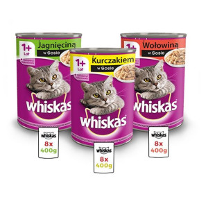WHISKAS 1+ z Jagnięciną 8x Wołowina 8x Kurczak 8x w Sosie, 24*400 g Puszka