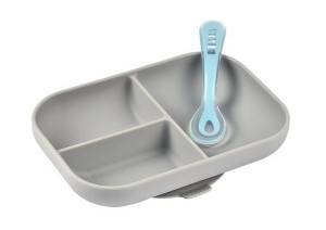 Komplet naczyń z silikonu trójdzielny talerz z przyssawką + łyżeczka grey 4