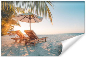 Fototapeta DO SALONU Leżaki Plaża Palmy i Zachód Słońca 135cm x 90cm