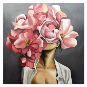 Obraz olejny ręcznie malowany 90x90cm Kobieta z różowymi kwiatami