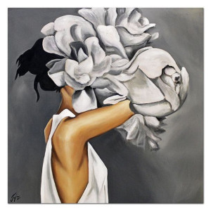 Obraz olejny ręcznie malowany 90x90cm Kobieta z białą różą