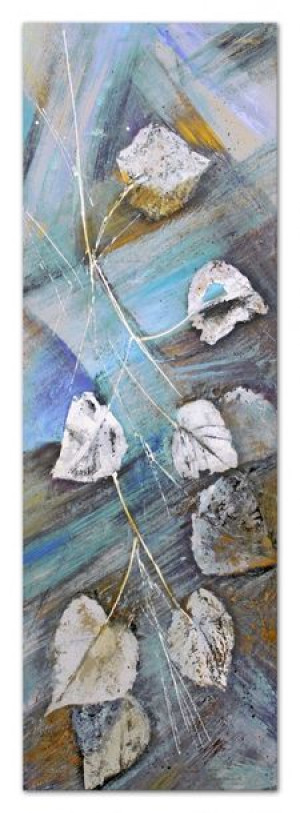 Obraz olejny ręcznie malowany 50x150cm Liście lipy na niebieskim tle