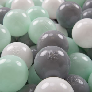 KiddyMoon plastikowe piłeczki 7cm 100szt, biały-szary-mięta