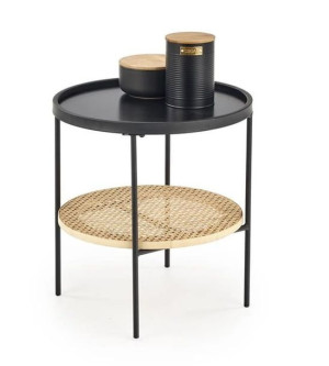 Czarny stolik kawowy okrągły nocny, rattan loft