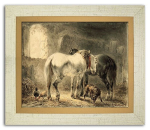 Obraz na płótnie 32x27cm konie w stajni