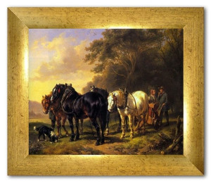 Obraz na płótnie 31x26cm konie pod lasem